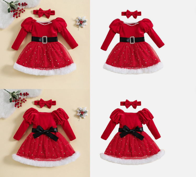 Toddler Girls Christmas Costume Comfortable 2Pcs Santa Claus Dress Velvet Soft