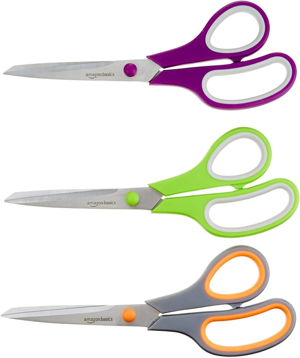 JD.GLOBAL Basics Multipurpose, Comfort Grip, PVD Coated, Stainless Steel Office Scissors, 3-Pack, Purple, Green & Gray