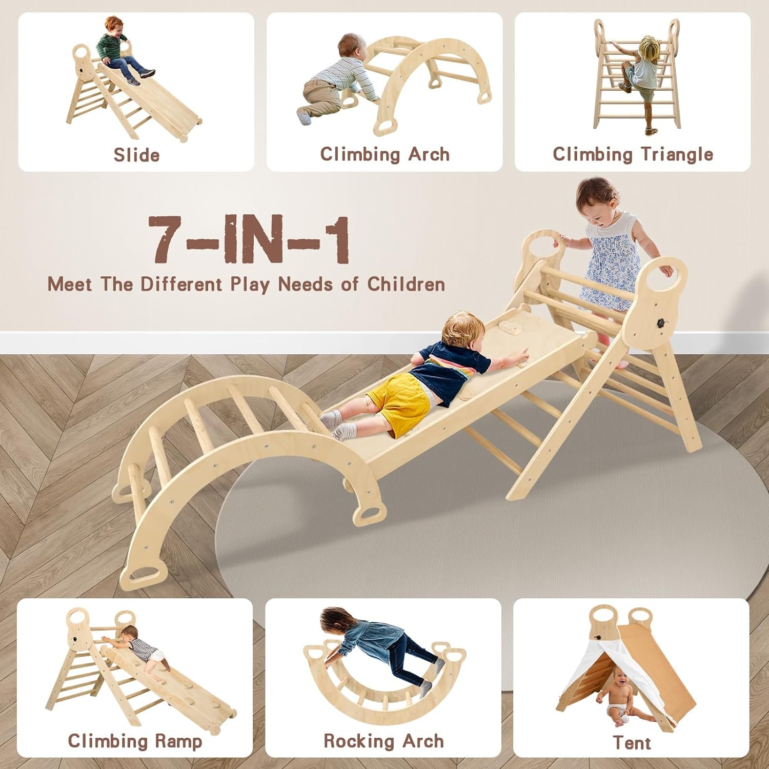 LVHERO 7 in 1 Pikler Triangle Set, Foldable Toddler Climbing Toys with Sliding Ramp & Climbing Arch Ramp, Wooden Montessori Climbing Set with Tent, Indoor Playground Jungle Gym for Kids Age 2-6 Years